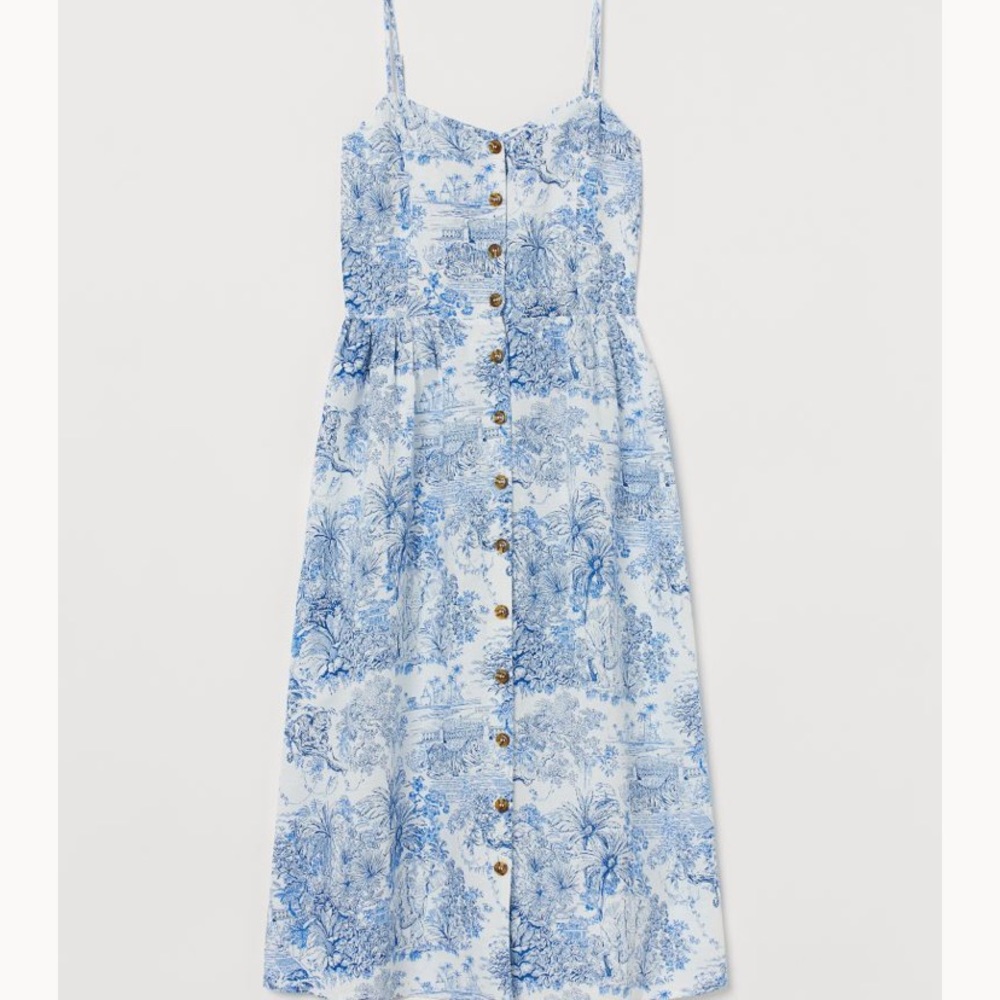 H&M Tea Length white & blue button dress